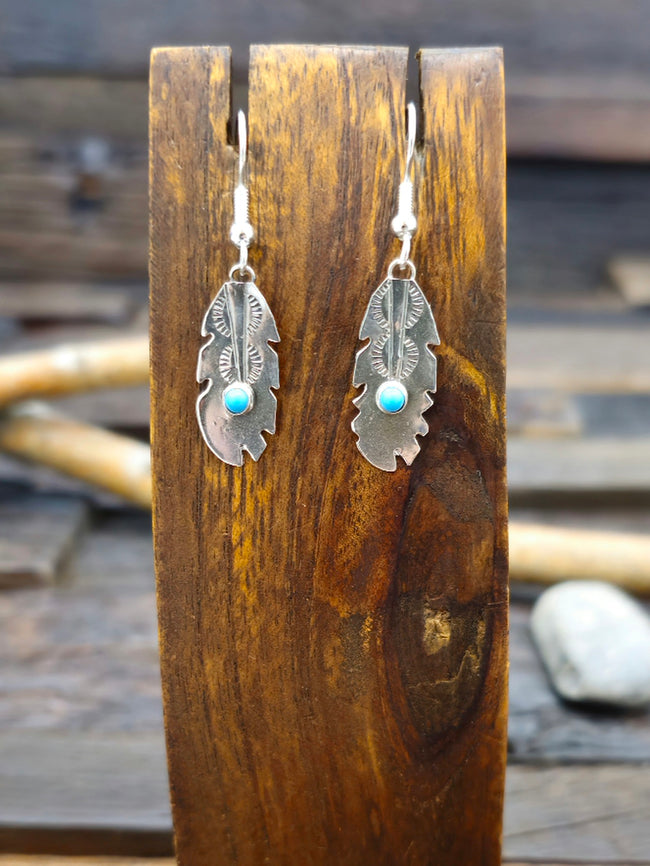 Mini Sterling Silver Turquoise Feather Earrings by Lucille Platero