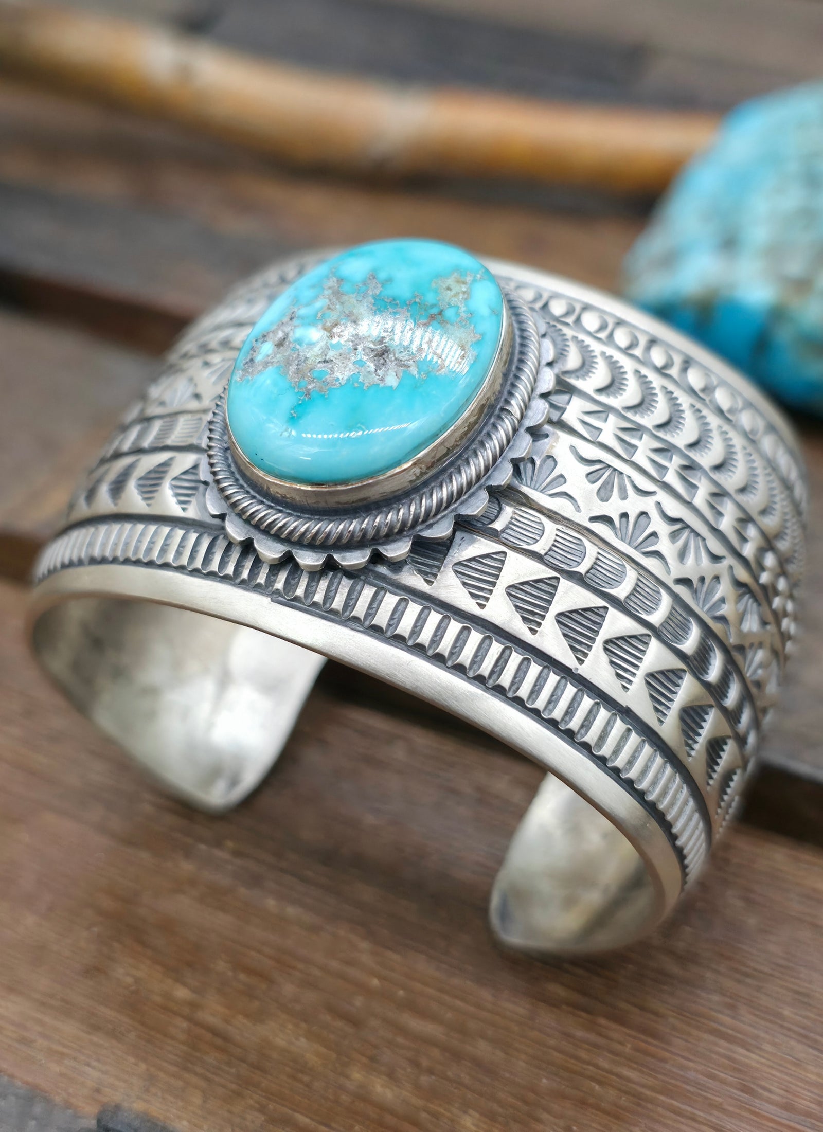 Turquoise Stamped Sterling Silver Cuff Bracelet by Randy Boyd - 7 in. with Gap