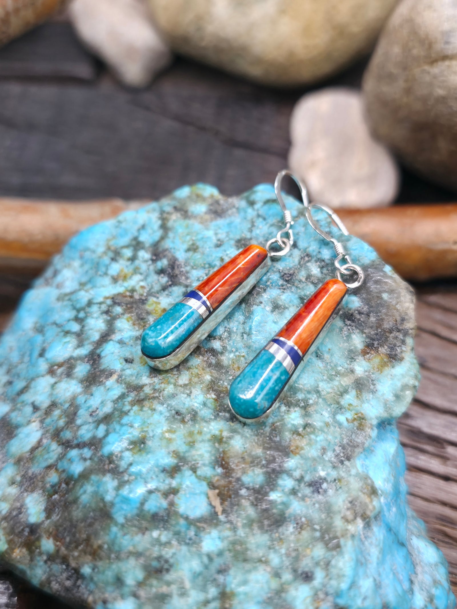 Sterling Silver Turquoise, Lapis, and Spiny Earrings by Charleston Willie - 1 3/4 in. by 1 in.