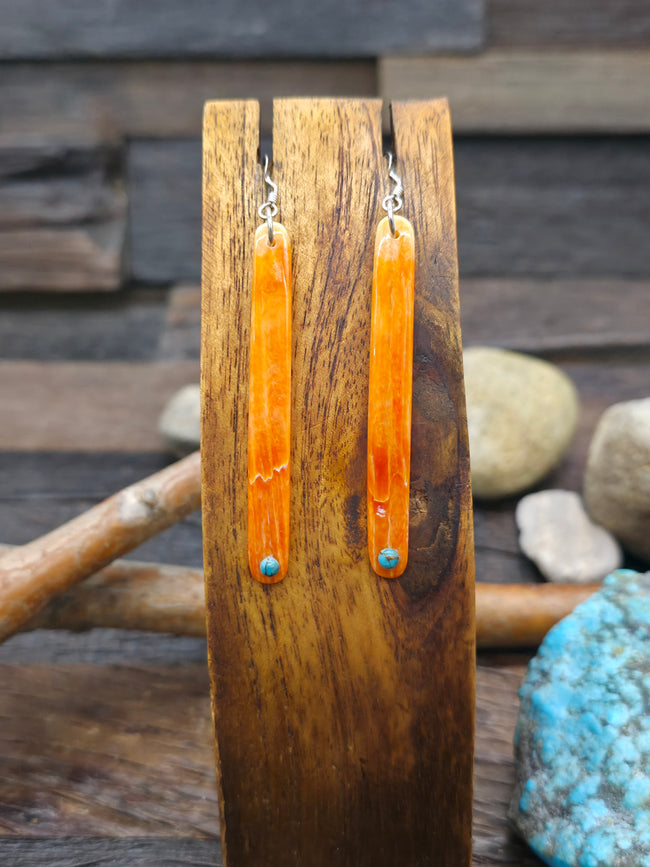 Orange Spiny Oyster and Turquoise Earrings by Jesus Espino - Rounded Bottom - 3 in. by 3/8 in.