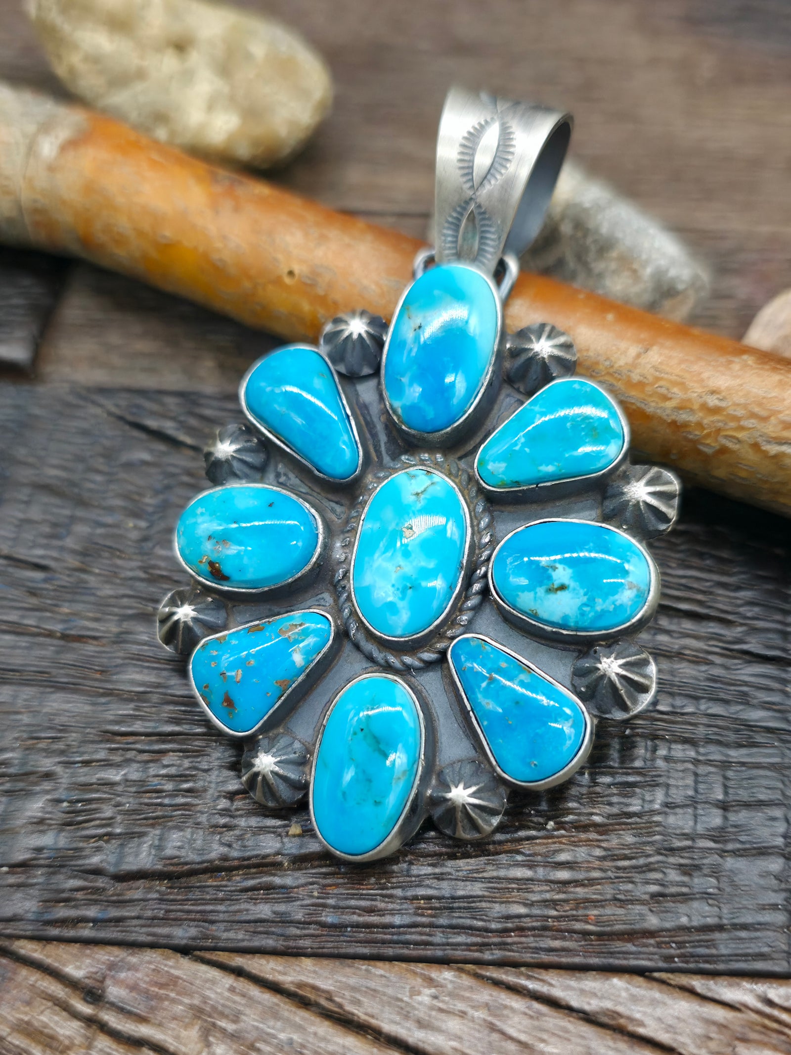 Sterling Silver Kingman Turquoise Cluster Pendant by Rosella Paxson - 2 3/4 in. by 1 3/4 in.