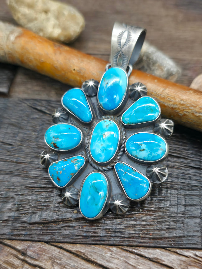Sterling Silver Kingman Turquoise Cluster Pendant by Rosella Paxson - 2 3/4 in. by 1 3/4 in.