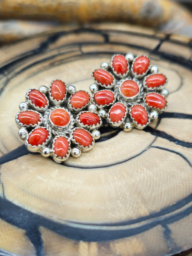 Coral Cluster Post Earrings by Sally Yazzie - 3/4 in
