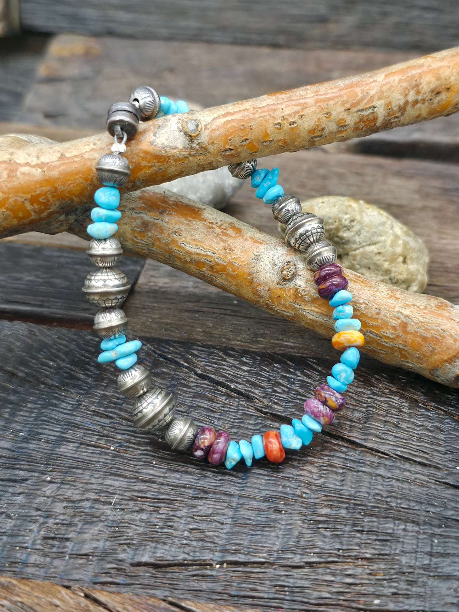Sterling Silver, Turquoise, and Spiny Bead Bracelet with Magnetic Clasp - 7 in.
