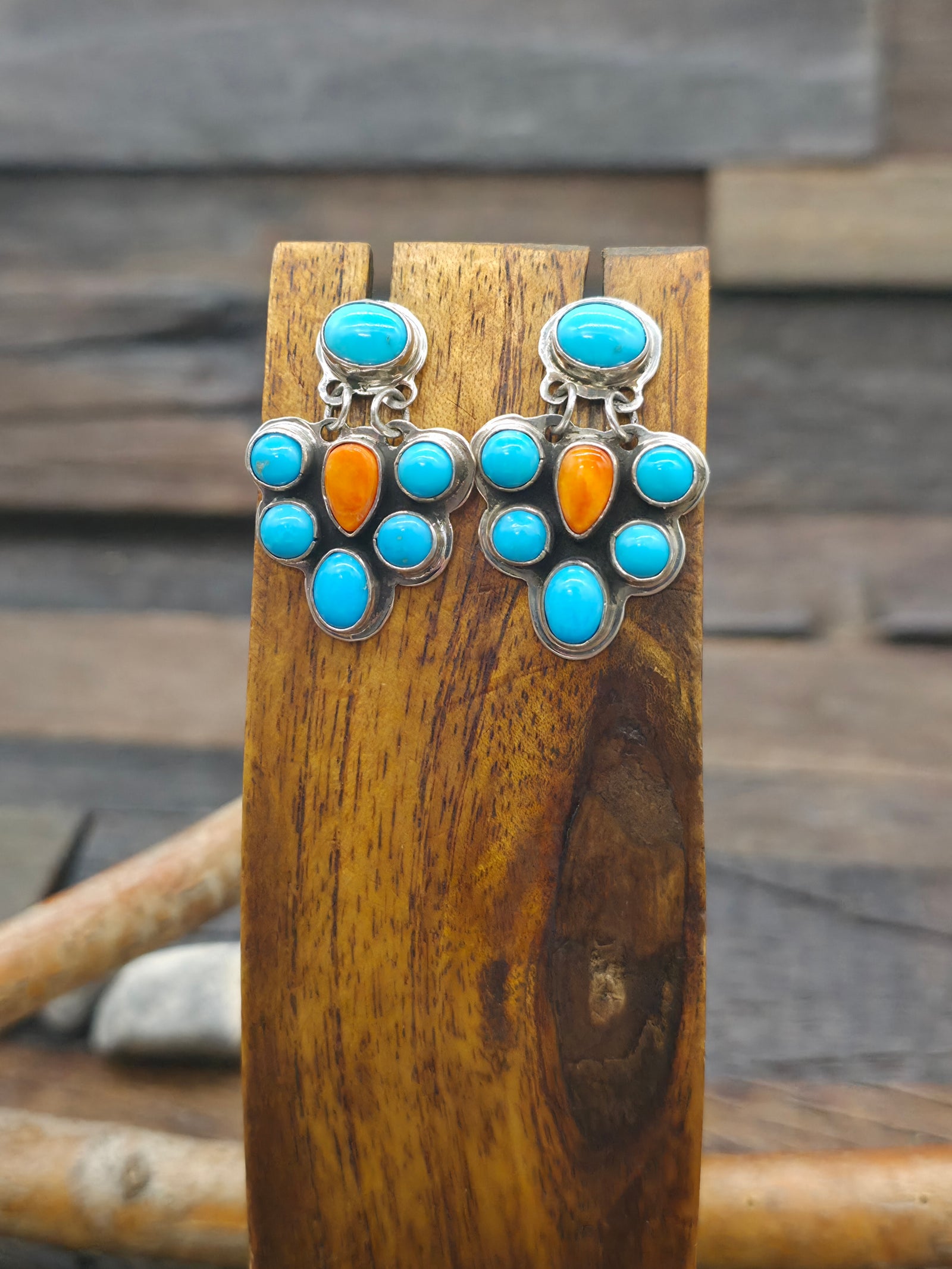 Turquoise and Spiny Cluster Post Dangle Earrings by Geneva Apachito - 1 in. by 3/4 in.
