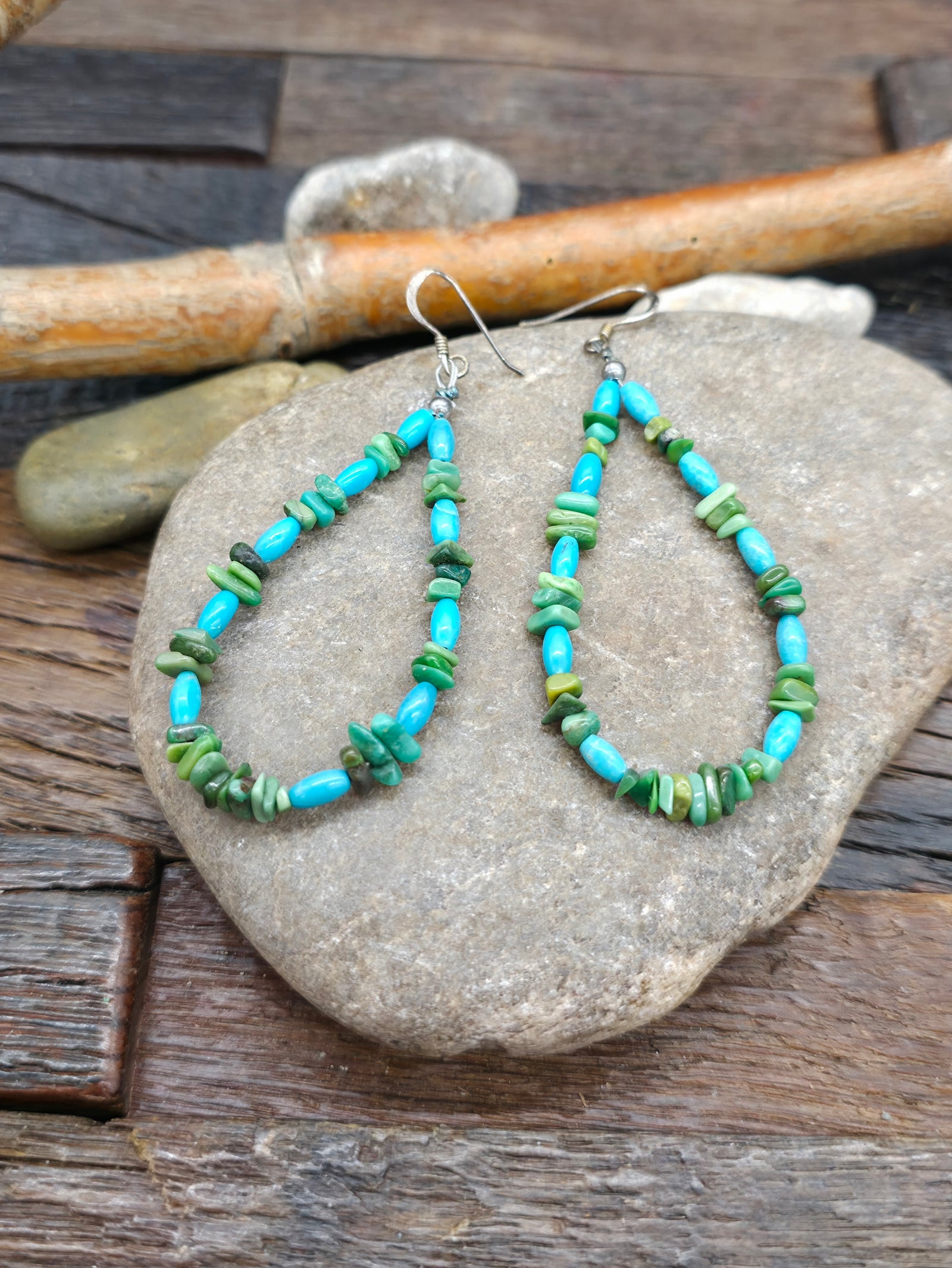 Turquoise Stone Barrel Bead and Chip Earrings by Fred Archuleta