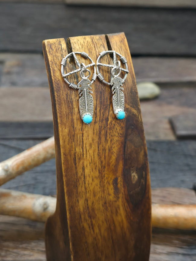 Sterling Silver Turquoise Feather Shield Earrings by Kenny Lonjose