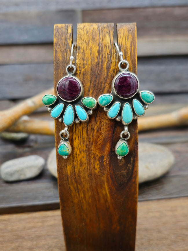 Turquoise and Purple Spiny Oyster Sterling Silver Chandelier Earrings