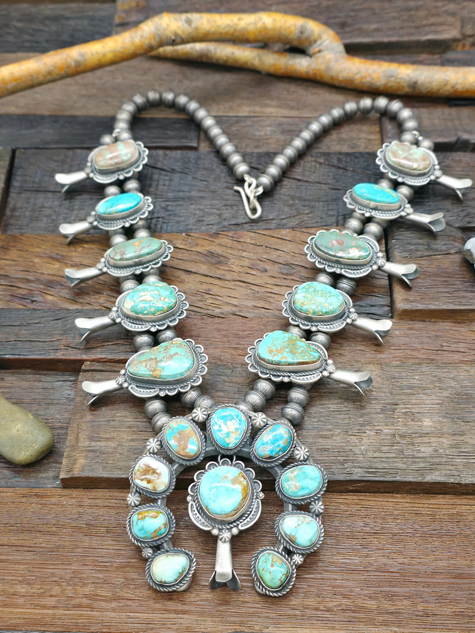 Sterling Silver Turquoise Squash Blossom Necklace by Ronald Tom - 26 in.