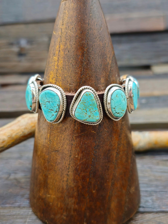 Seven Stone Turquoise Leather Buckle Bracelet