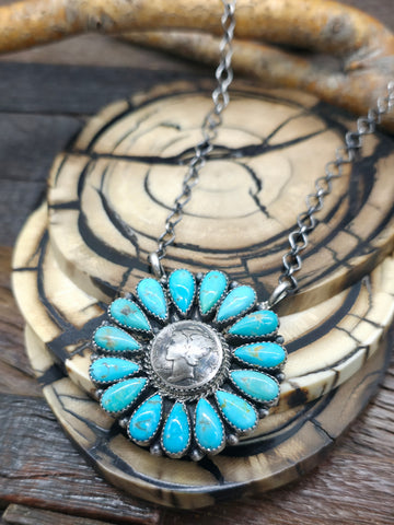 Sterling Silver Mixed Turquoise Cluster Bracelet by E. Garfield - 7 in. with Gap