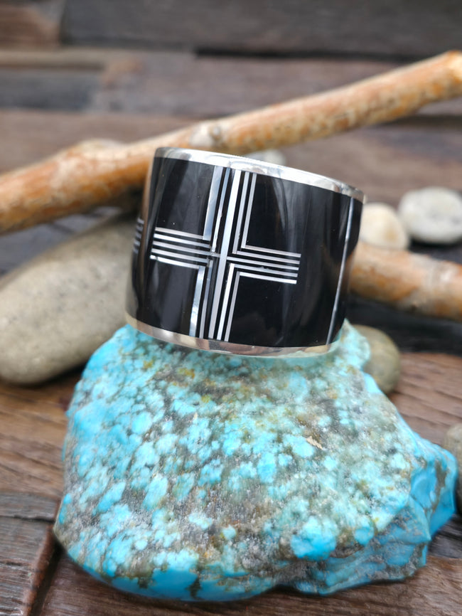 Sterling Silver Mother of Pearl and Onyx Santa Fe Cross Inlay Bracelet - 6 1/2 in. with Gap