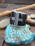 Sterling Silver Mother of Pearl and Onyx Santa Fe Cross Inlay Bracelet by Charles Willie - 6 1/2 in. with Gap