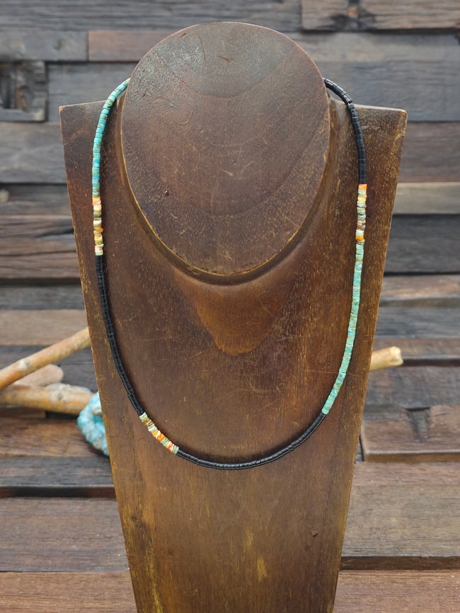 Dainty Jet, Spiny, and Turquoise Heishi Necklace by Fred Archuleta - 18 in.