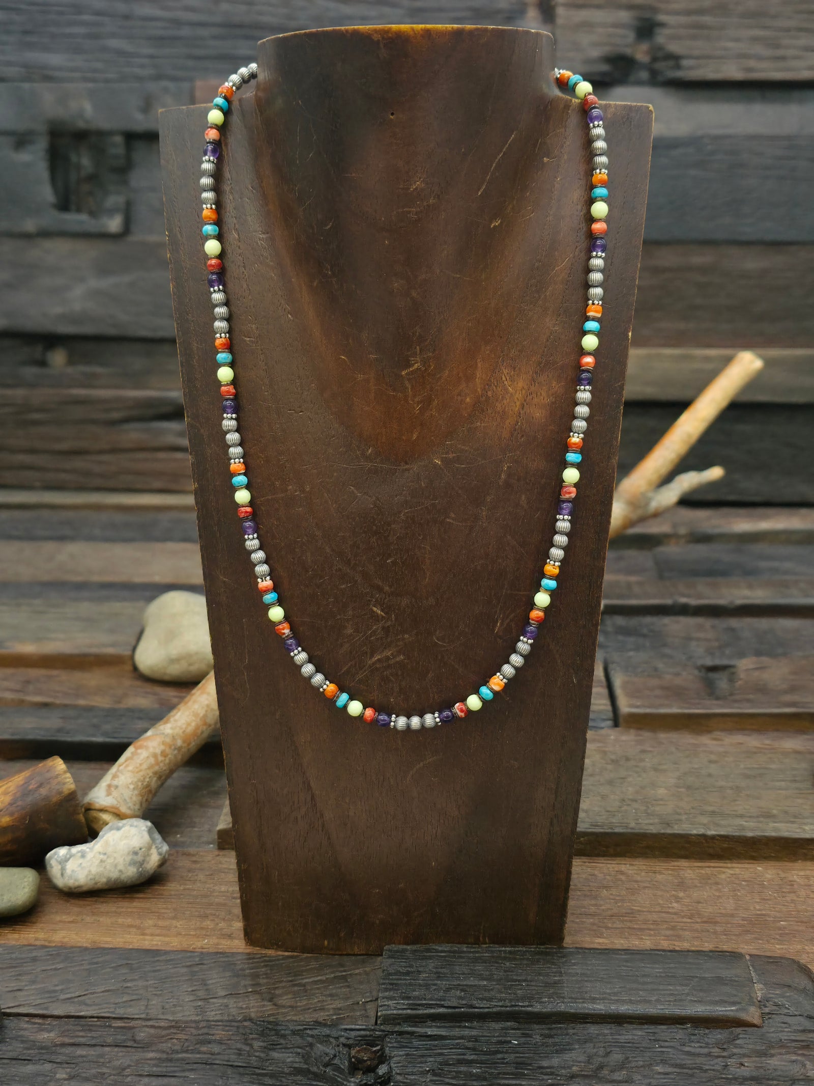 Multistone and Fluted Sterling Silver Bead Necklace - 17 in. plus 2 in. Extender