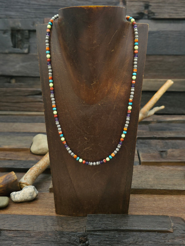 Multistone and Fluted Sterling Silver Bead Necklace - 17 in. plus 2 in. Extender