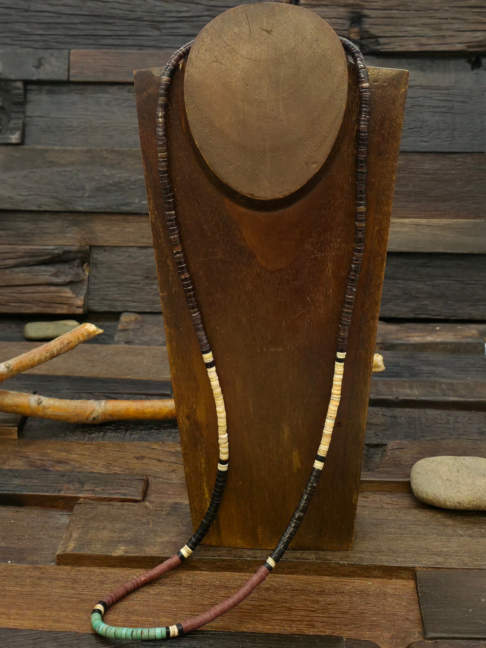 Color Block Heishi Necklace by Deanna Tenorio - Turquoise, Pipestone, Jet, Olive Shell - 33 in.