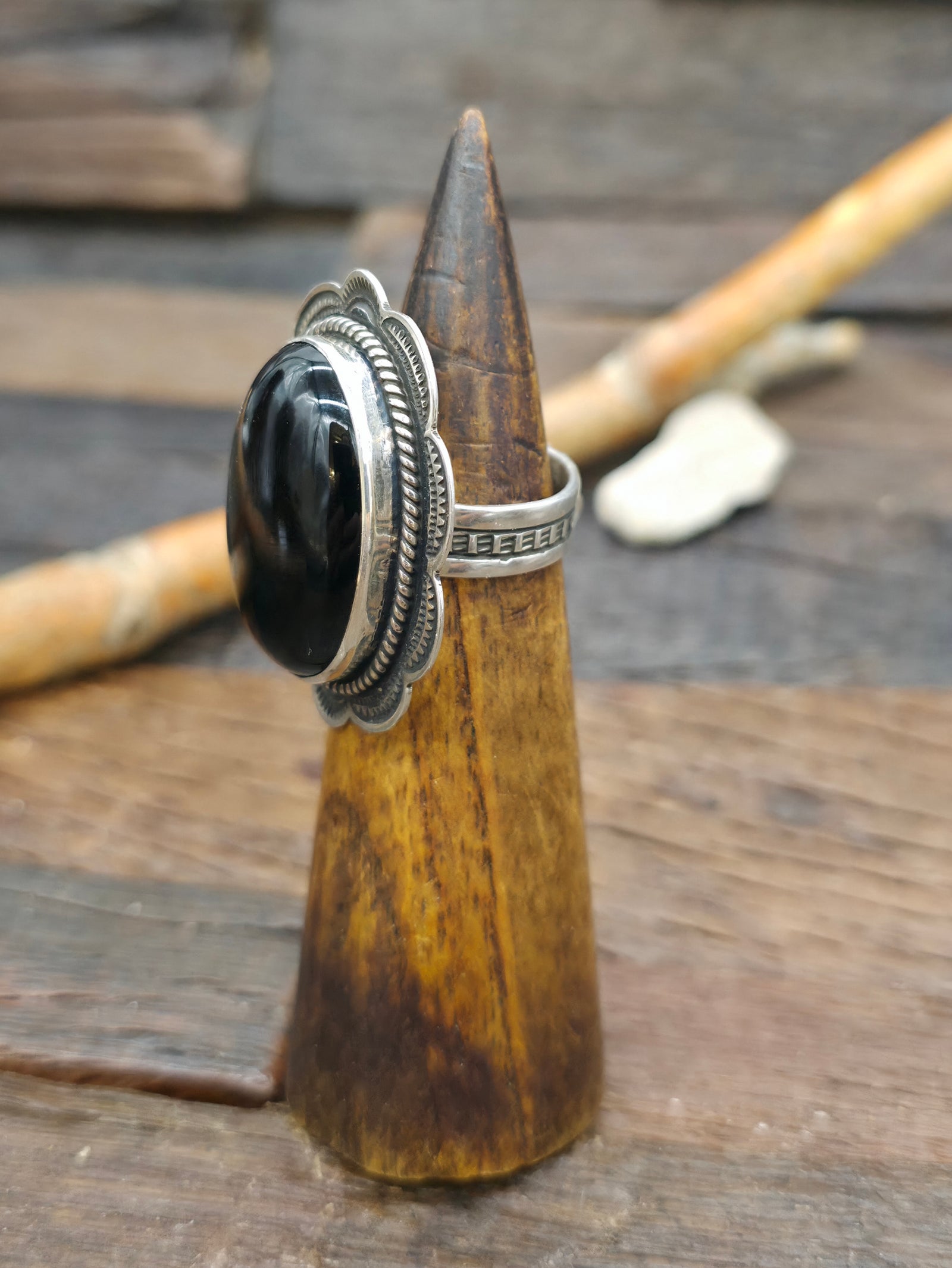 Stamped Sterling Silver Onyx Ring by Happy Piasso - Adjustable