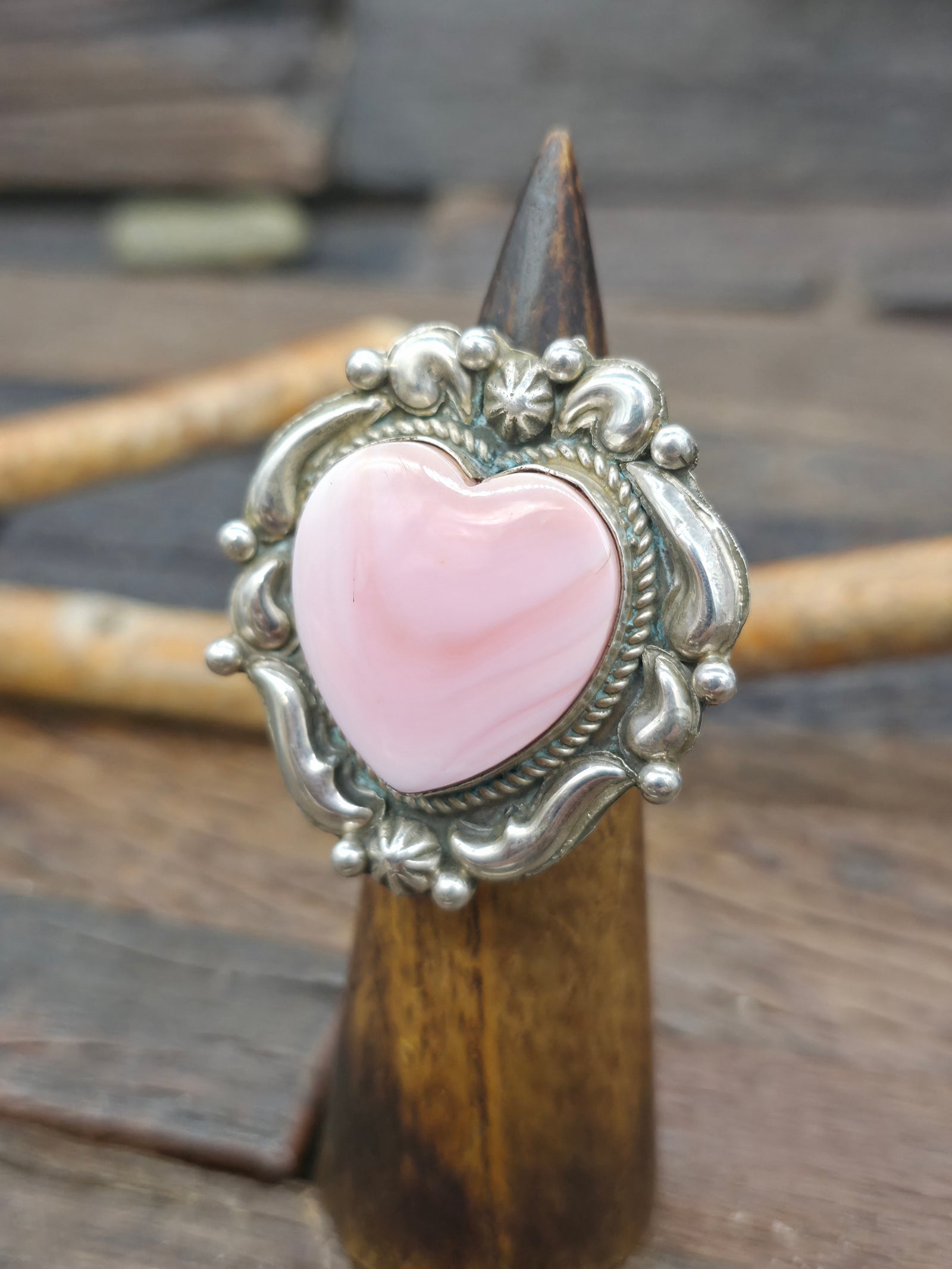 Repousse Stamped Sterling Silver Pink Conch Heart Ring by Richard Jim - Adjustable