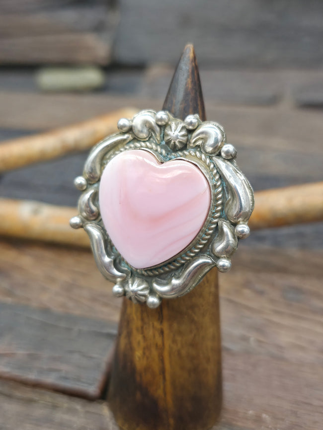 Repousse Stamped Sterling Silver Pink Conch Heart Ring by Richard Jim - Adjustable