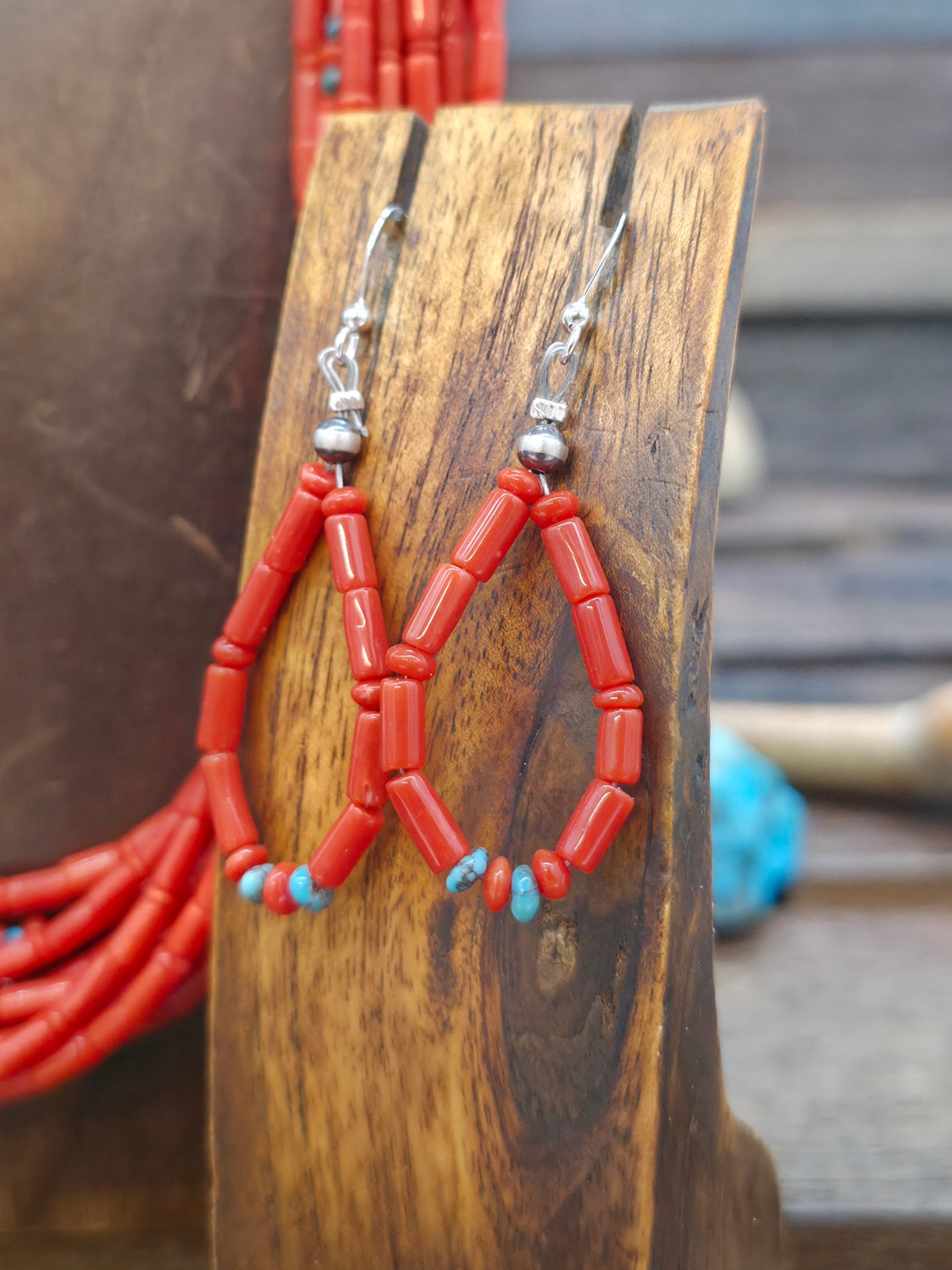 Ten Strand Coral and Turquoise Bead Necklace and Earring Set by Fred Archuleta - 22 in. plus 6 in. Extender
