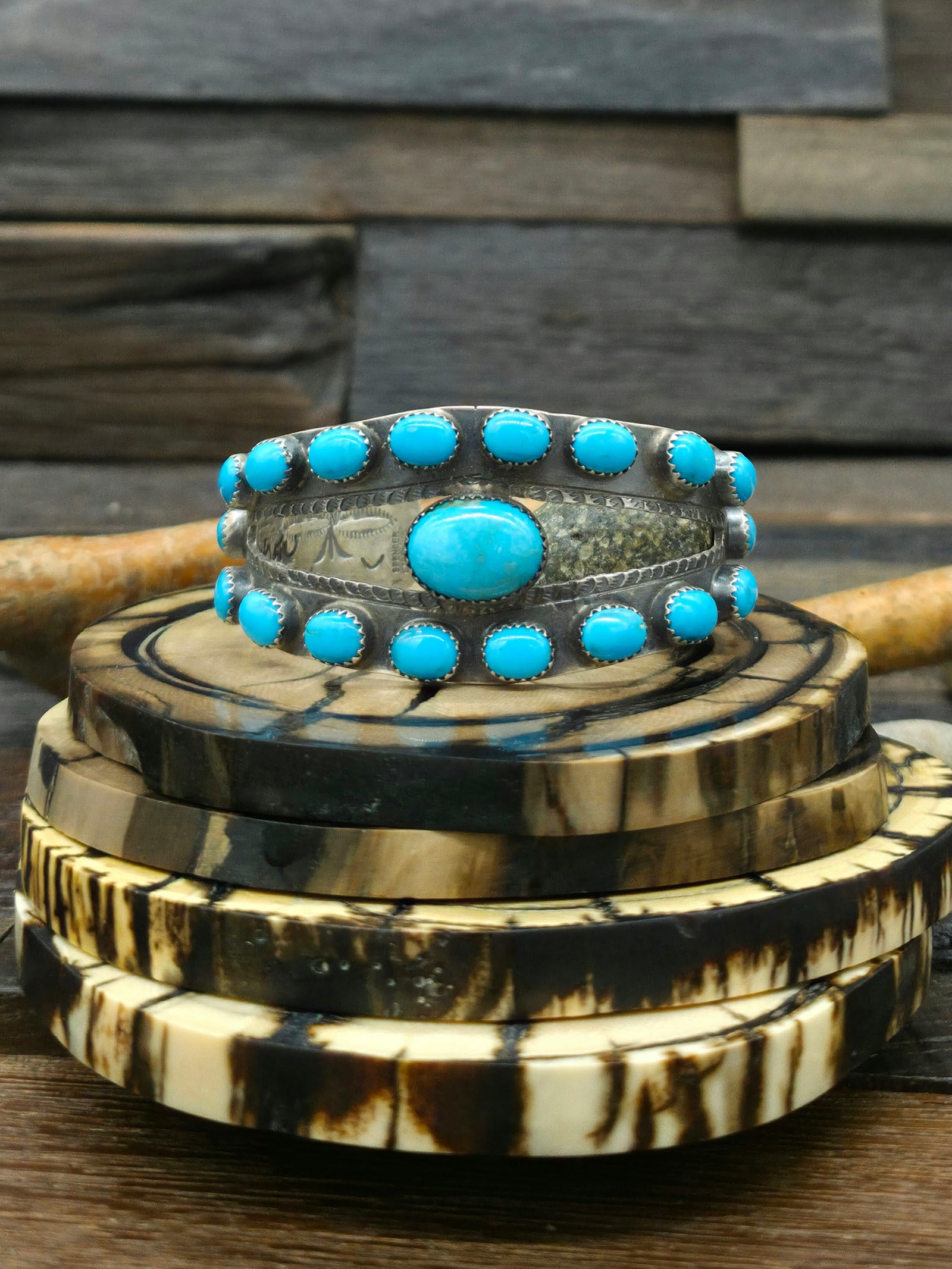 Stamped Sterling Silver Turquoise Cuff by Joann Spencer - 6 1/2 in.