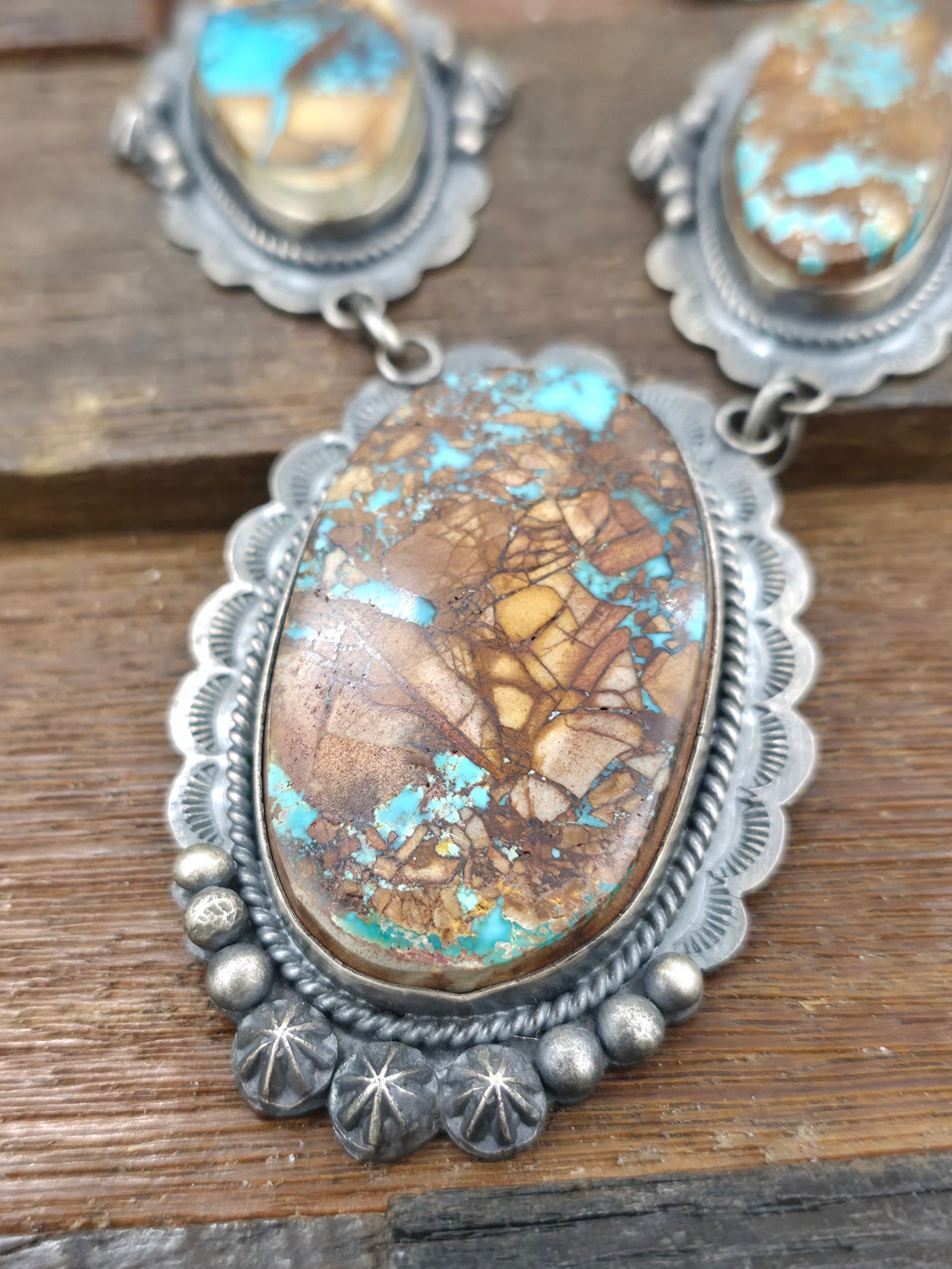Stamped Sterling Silver Boulder Turquoise Necklace and Earring Set by LaRose Ganadanegro - 25 in.