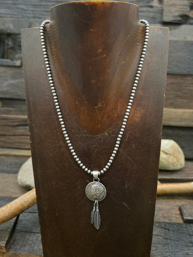 Oxidized Sterling Silver Bead Necklace with Mercury Dime and Feather Pendant - 16 in.