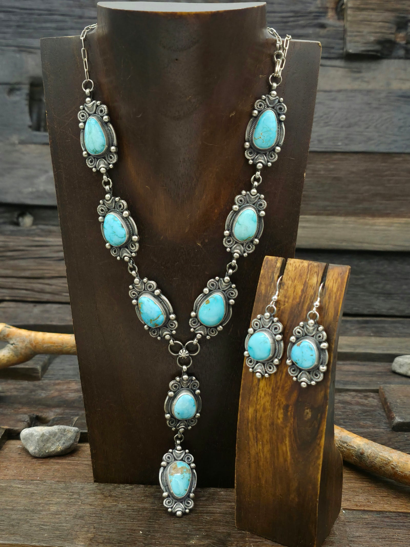 Sterling Silver Turquoise Lariat Necklace and Earring Set by Jackson Hoskie - 22 in.
