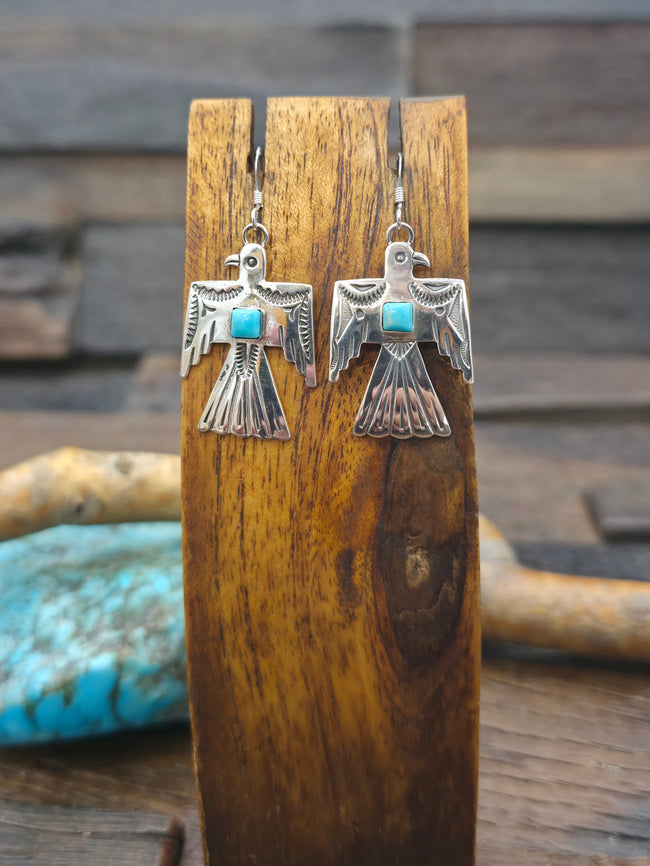 Sterling Silver Turquoise Thunderbird Earrings by Jeremy Delgarito - 1 3/4 in. by 3/4 in.
