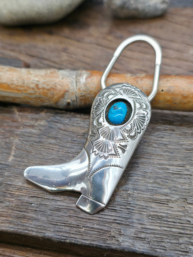 Sterling Silver and Turquoise Cowboy Boot Shadowbox Keychain - Designs Vary