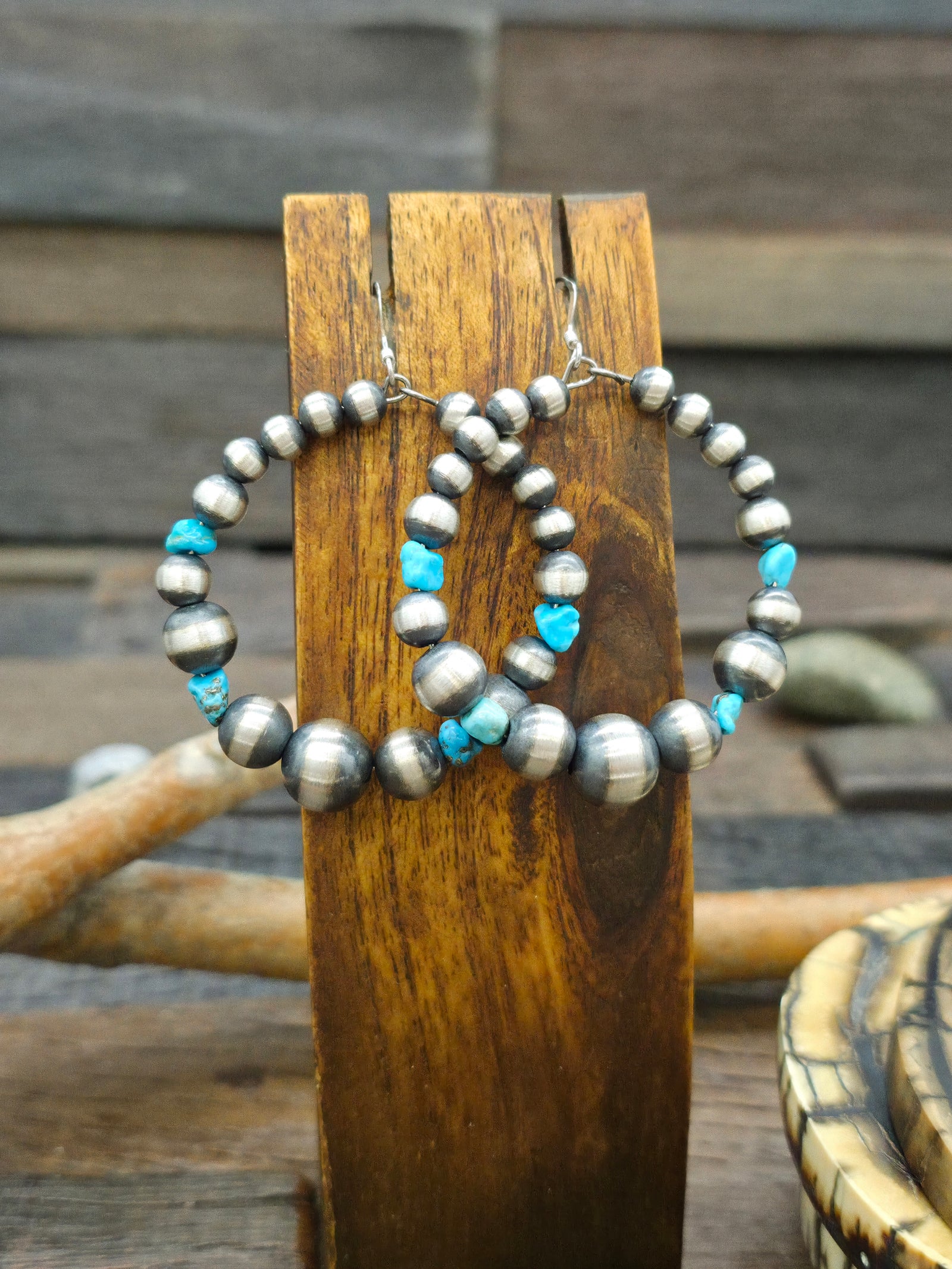 Graduated Sterling Silver Hanging Hoop Earrings with Turquoise Nuggets