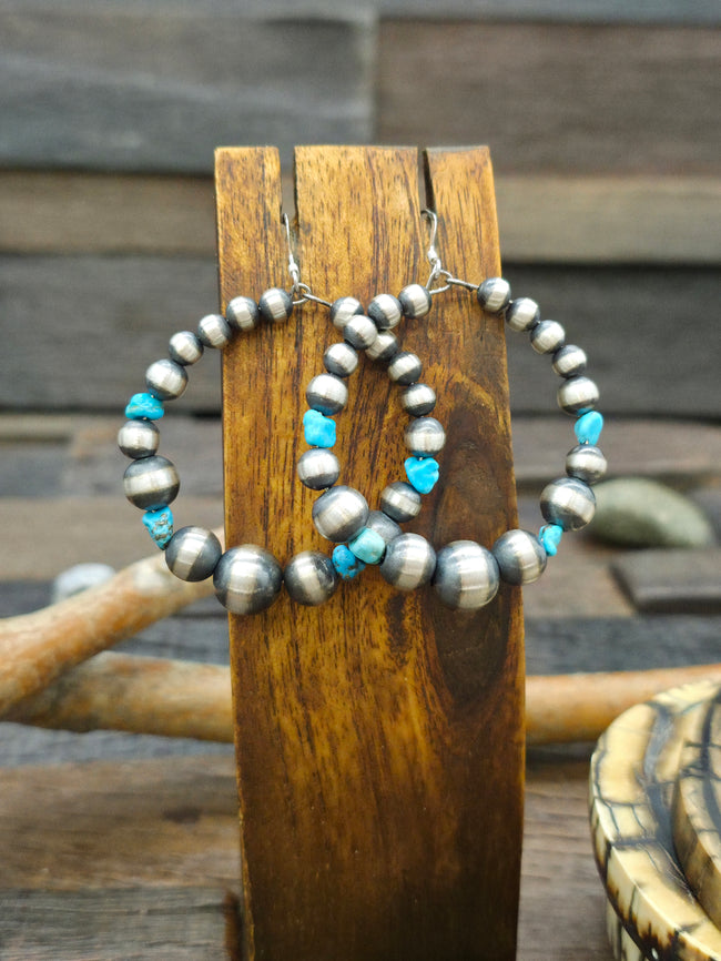 Graduated Sterling Silver Hanging Hoop Earrings with Turquoise Nuggets