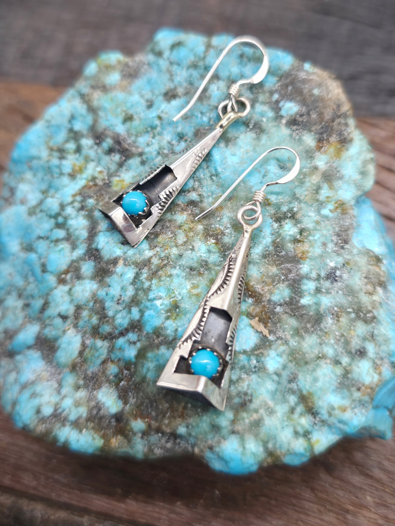 Sterling Silver and Turquoise Pyramid Shadowbox Hook Earrings by Felix Perry - 1 3/4 in. by 5/8 in.