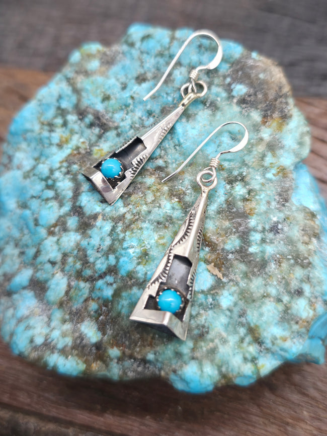 Sterling Silver and Turquoise Pyramid Shadowbox Hook Earrings by Felix Perry - 1 3/4 in. by 5/8 in.