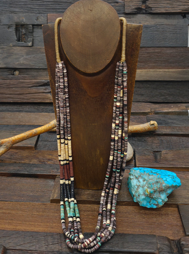 Five Strand Wampum, Jet, Turquoise, and Pipestone Necklace by Deanna Tenorio - 32 in.