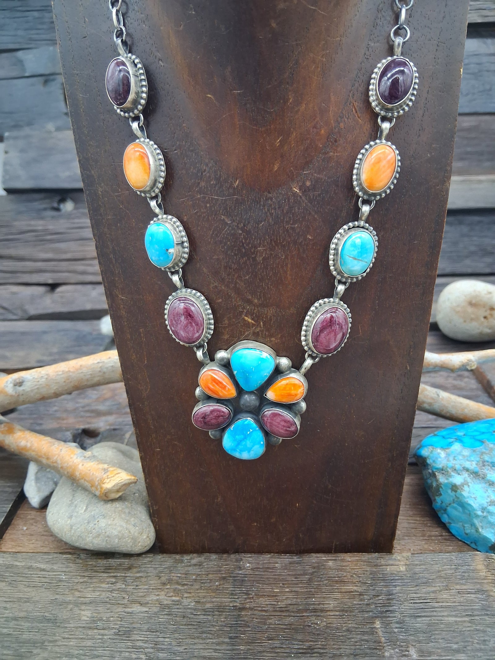 Purple Spiny Oyster Orange Spiny Turquoise Sterling Silver 16in Necklace
