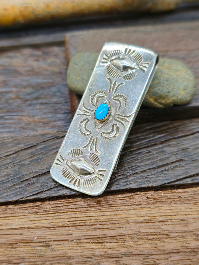 Sterling Silver Money Clip with Turquoise by Bertha Begay 2" by 3/4"