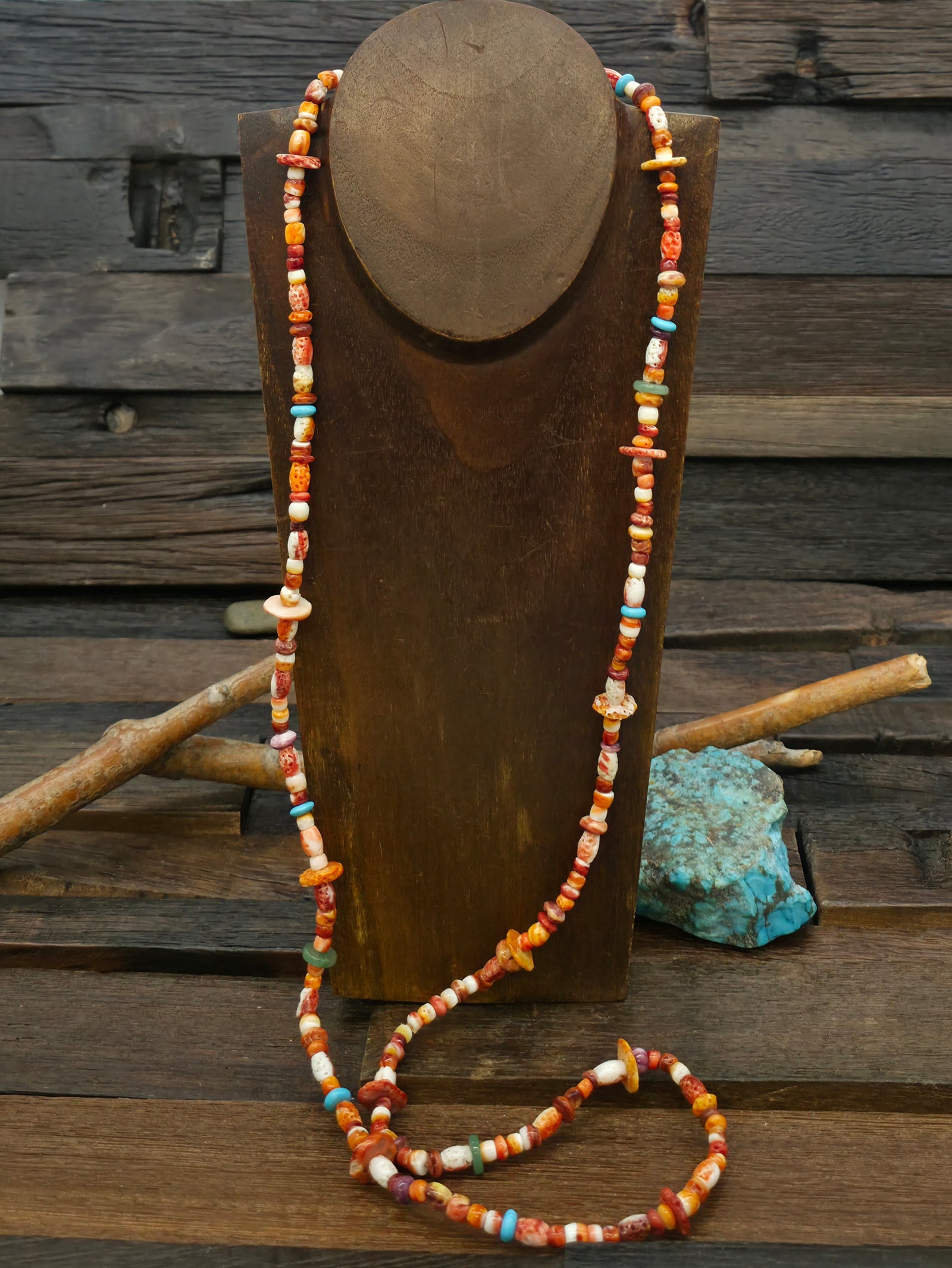 Spiny Oyster Shell and Mixed Stone Bead Necklace with Wide Discs by Lupe Lovato - 38 in.