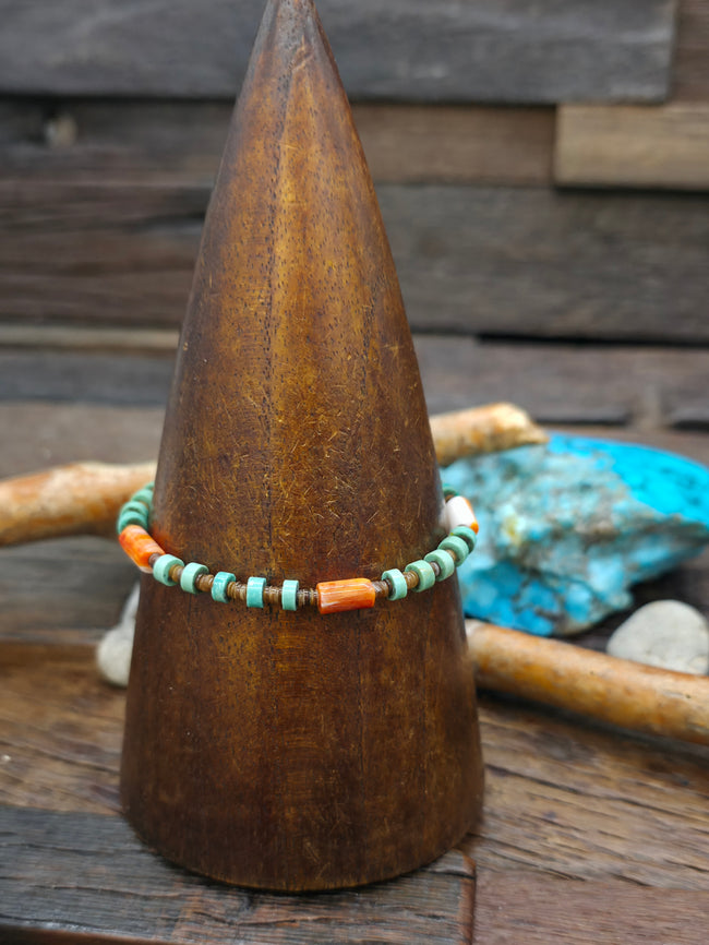 Turquoise, Orange Spiny and Olive Shell Bracelet by Irene Lovato - 7 1/2 in.