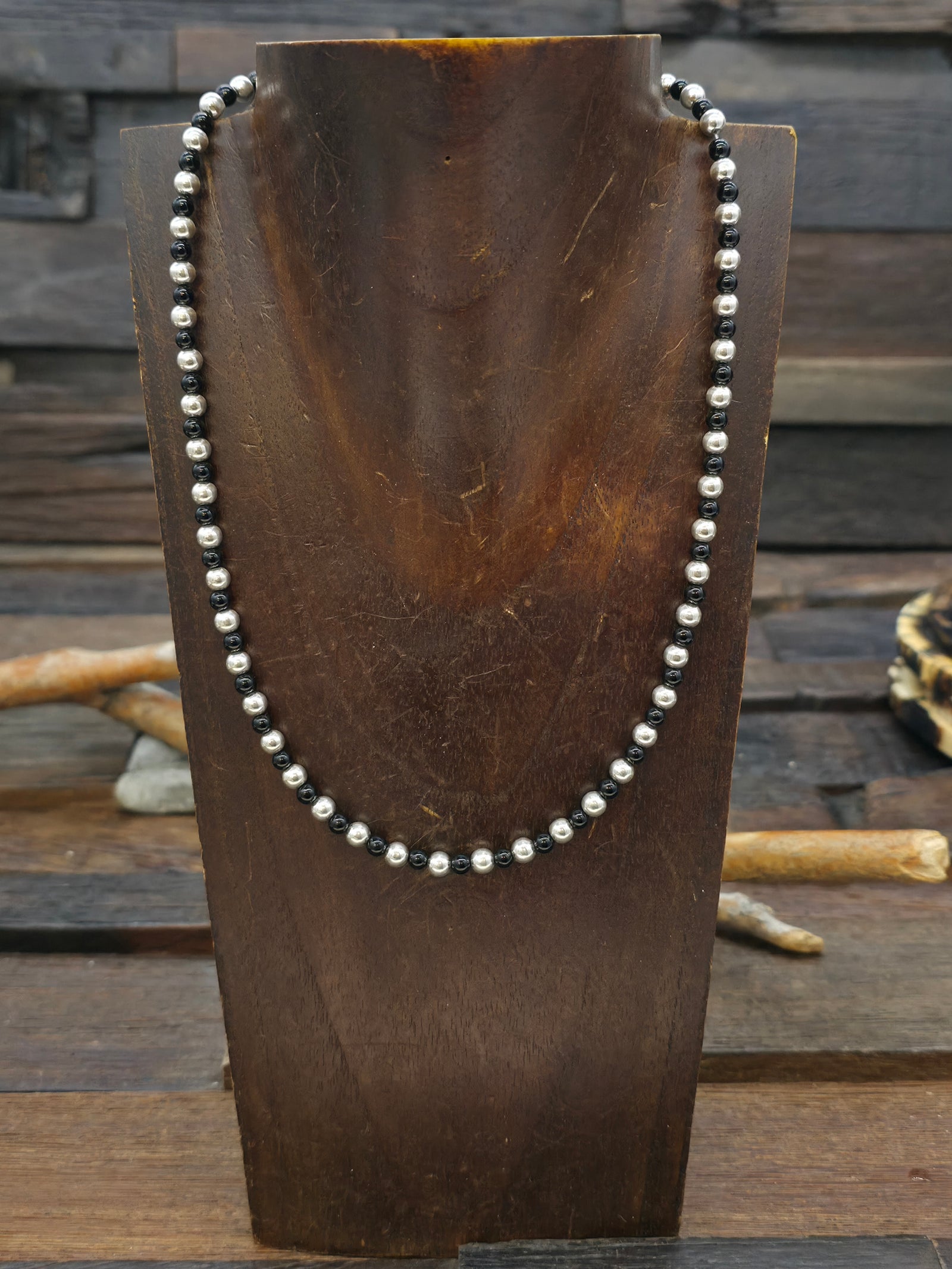 Black Onyx Sterling Silver Bead Strand Necklace - 18 in.