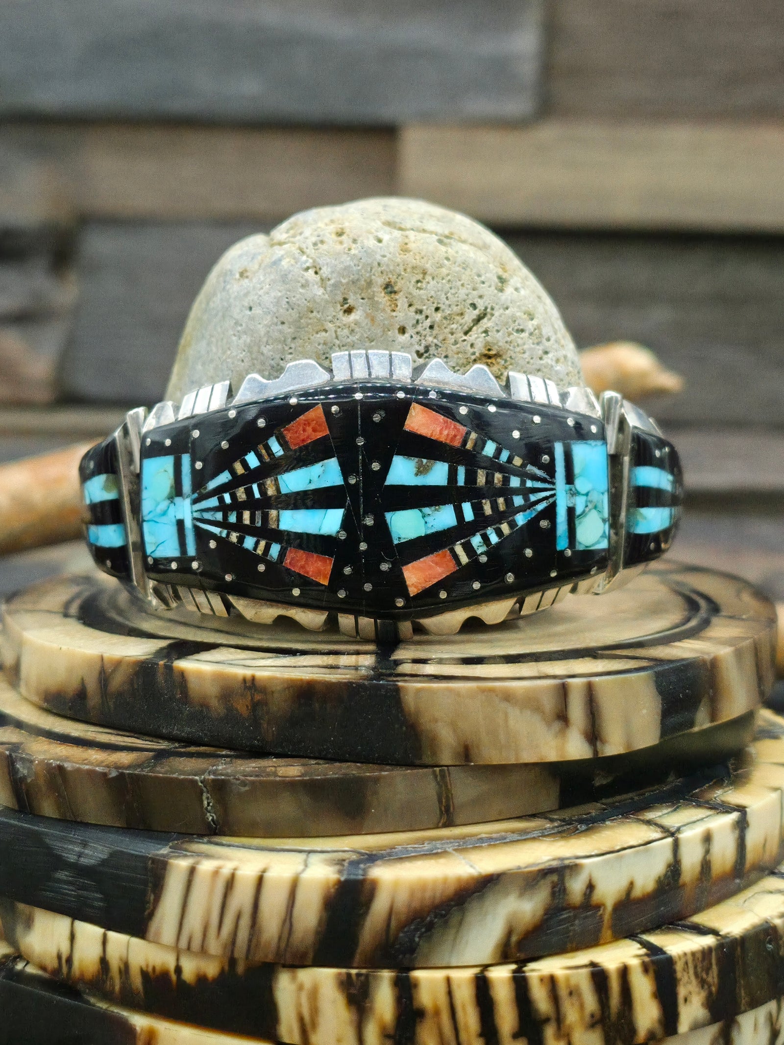 Turquoise Sterling Silver Inlay Bracelet by Ray Jack