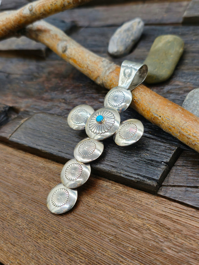 Sterling Silver Turquoise Stamped Pillow Bead Cross Pendant