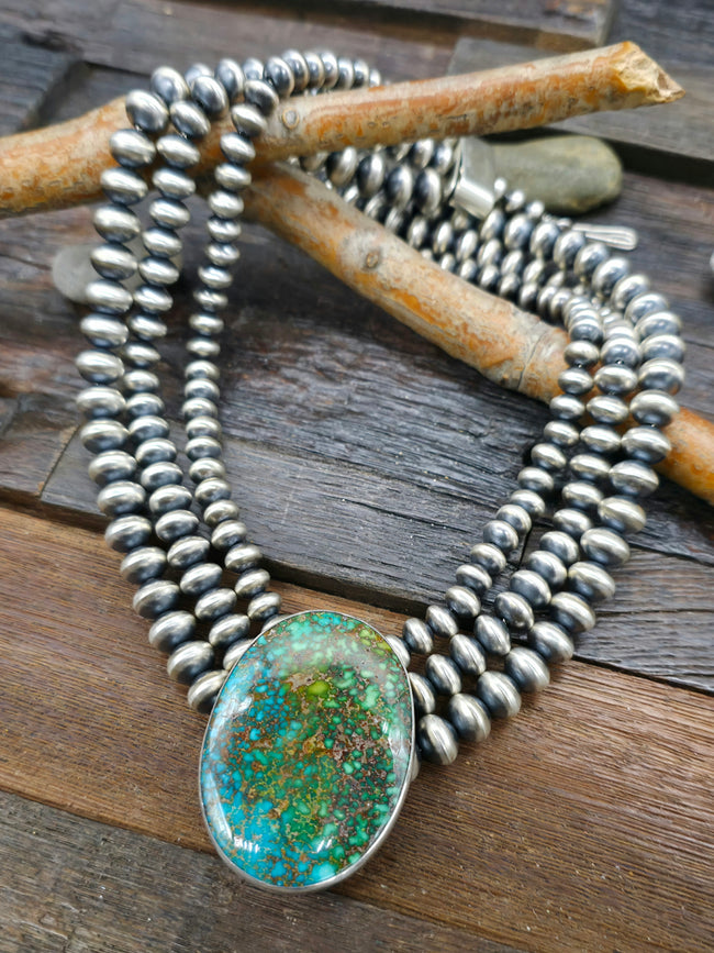Three Strand Sterling Silver Sonoran Turquoise Circle Pendant Necklace by A. Johnson - 20 in.