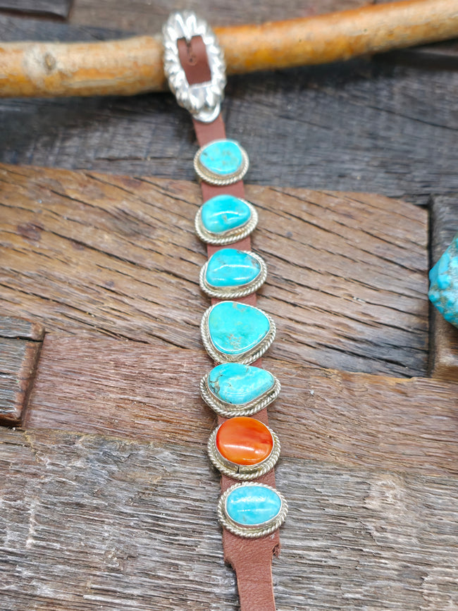 Seven Stone Blue Turquoise and Spiny Brown Leather Buckle Bracelet - 8 in.