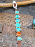 Seven Stone Blue Turquoise and Spiny Brown Leather Buckle Bracelet - 8 in.