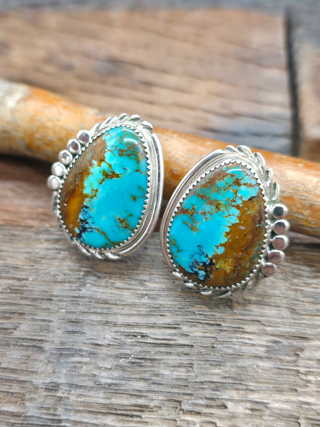Sterling Silver Butterfly Cut Kingman Turquoise Post Earrings by Dolores Cadman