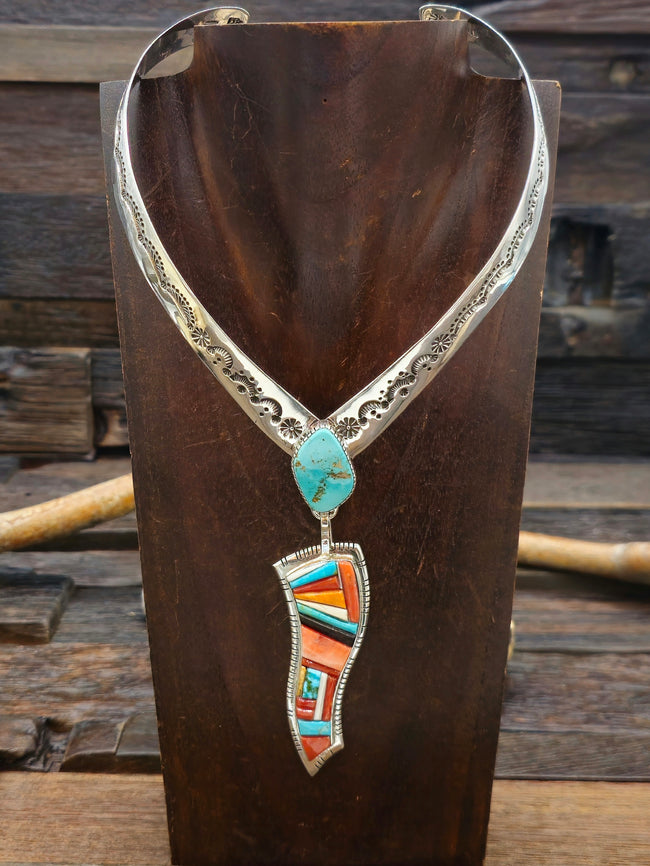 Sterling Silver Stamped Collar Necklace with Cobblestone Inlay Pendant by David Tune - 15 in.
