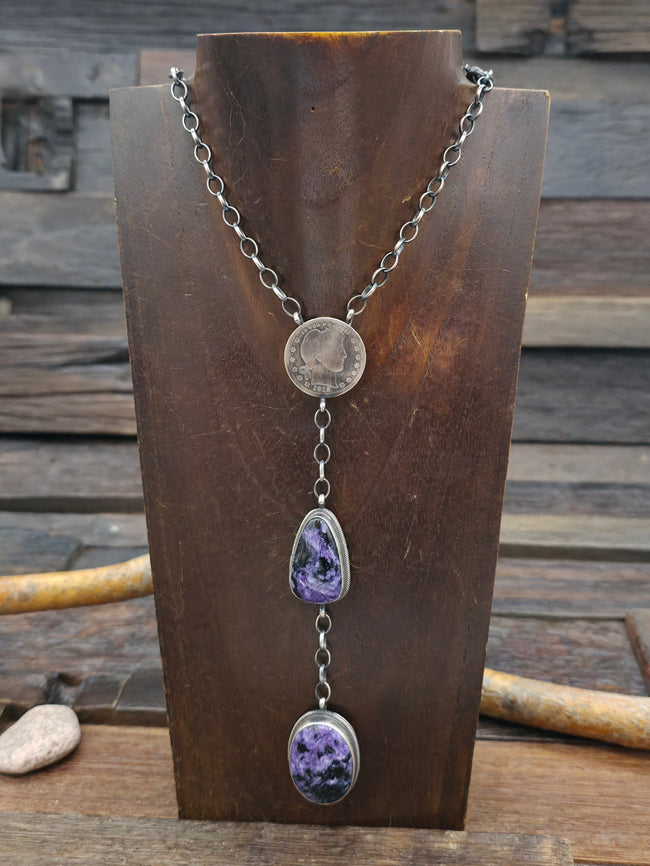 Sterling Silver and Charoite Lariat Necklace with 1912 Quarter - 18 in.