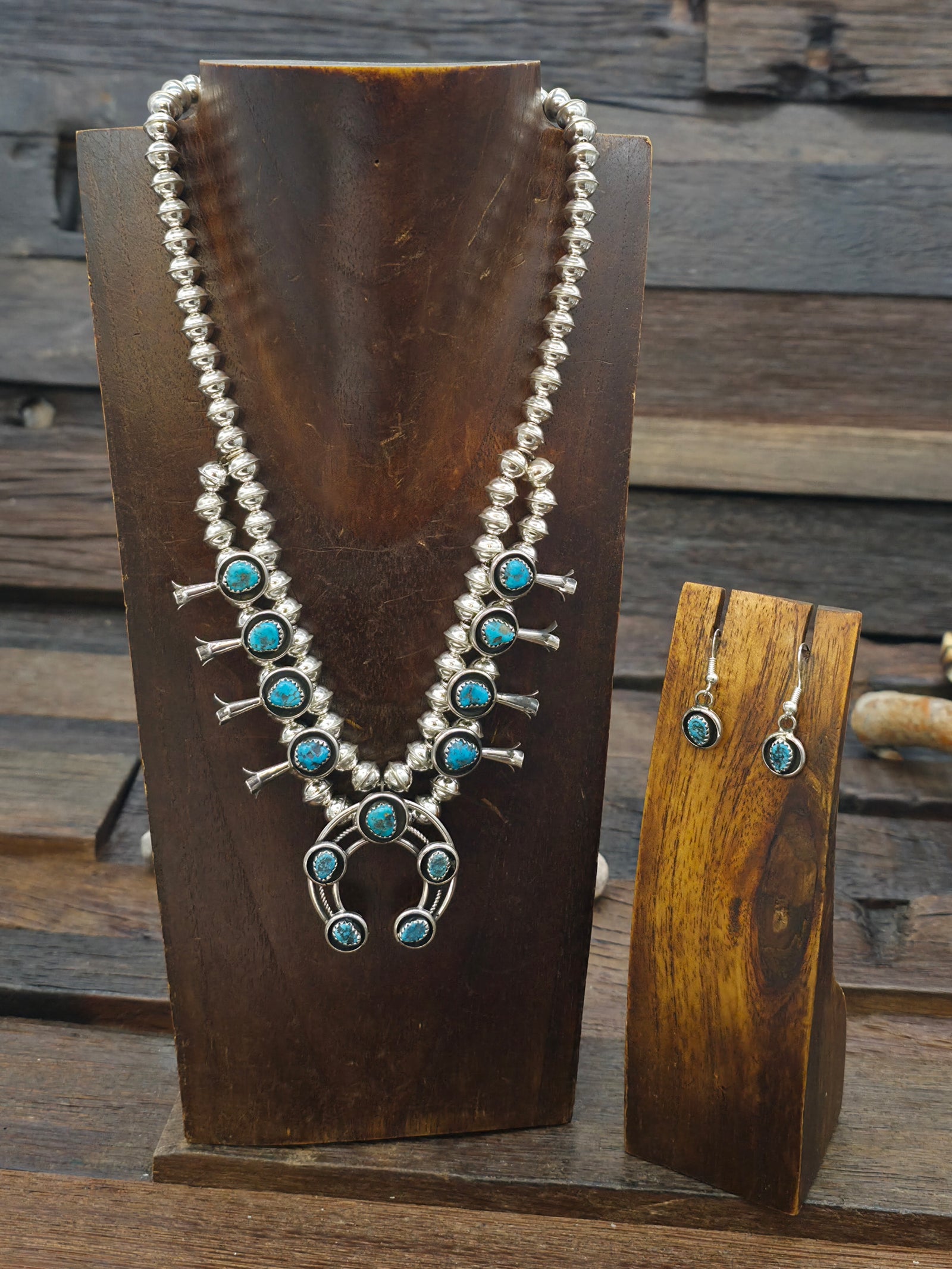 Sterling Silver Turquoise Squash Blossom Necklace and Earring Set by Phil and Lenora Garcia - 18 in.